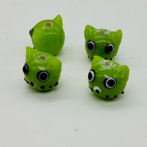 Kitty Cat Ceramic Round Beads | 15mm | Olive Green | 4 Beads |