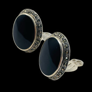 Onyx Marcasite Clip-On Sterling Silver Oval Earrings| 27x21mm | Black | 1 Pair |