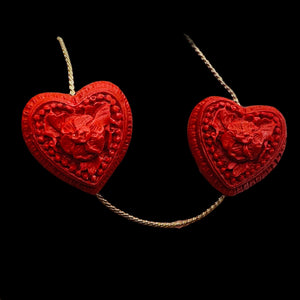 Cinnabar Carved Double Flower Heart Beads | 22x22x20mm | Red | 2 Beads |