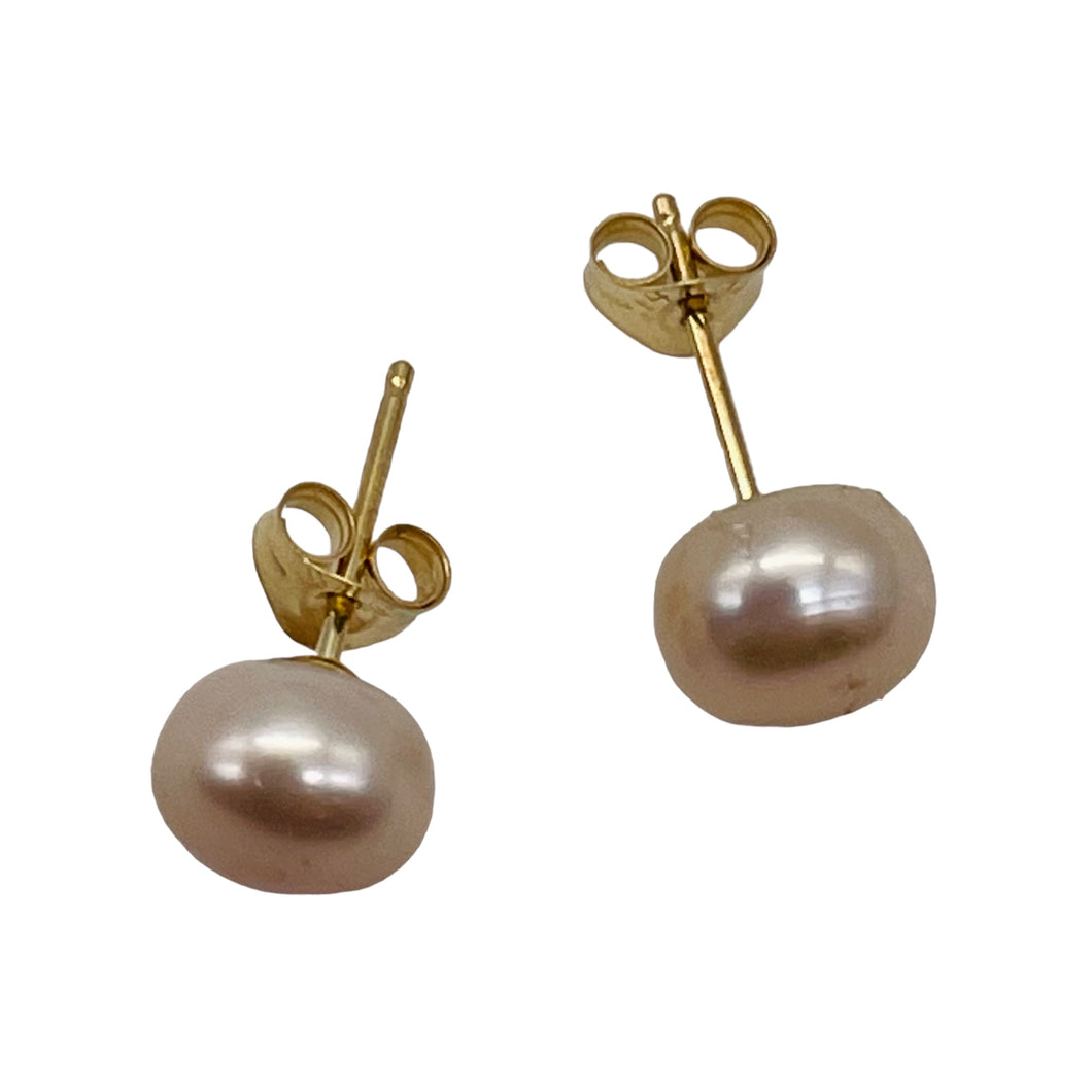Pearl 14K Gold Stud Round Earrings | 7mm | Rosy Pink | 1 Pair