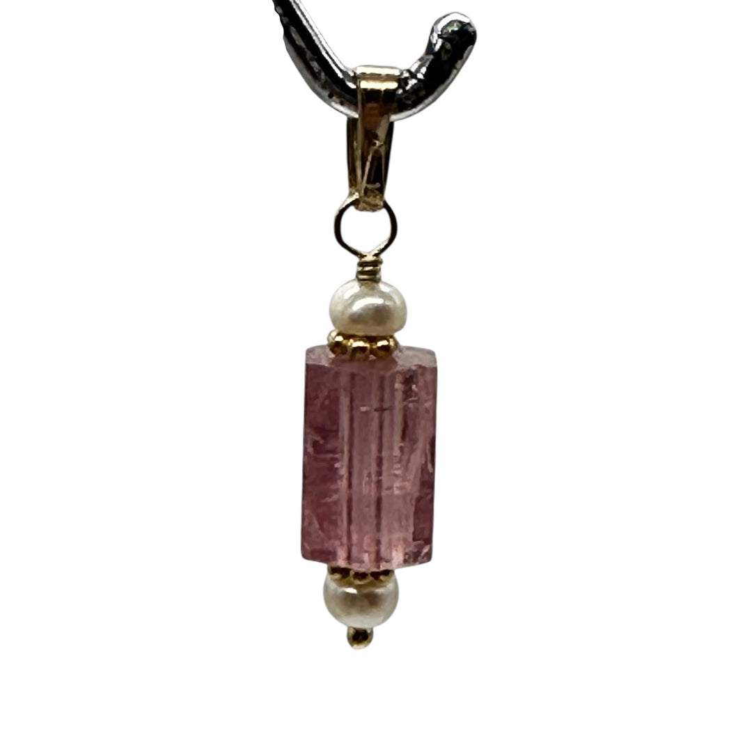 Tourmaline and Pearl 14K Yellow Gold Filled Pendant | Pink | 1