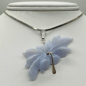 Blue Chalcedony Druzy Carved Flower Sterling Silver Pendant | 1 1/2" Long| Blue|