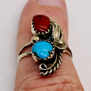 Turquoise Coral Sterling Silver Feather Design Ring | 6 | Blue Red | 1 Rung |