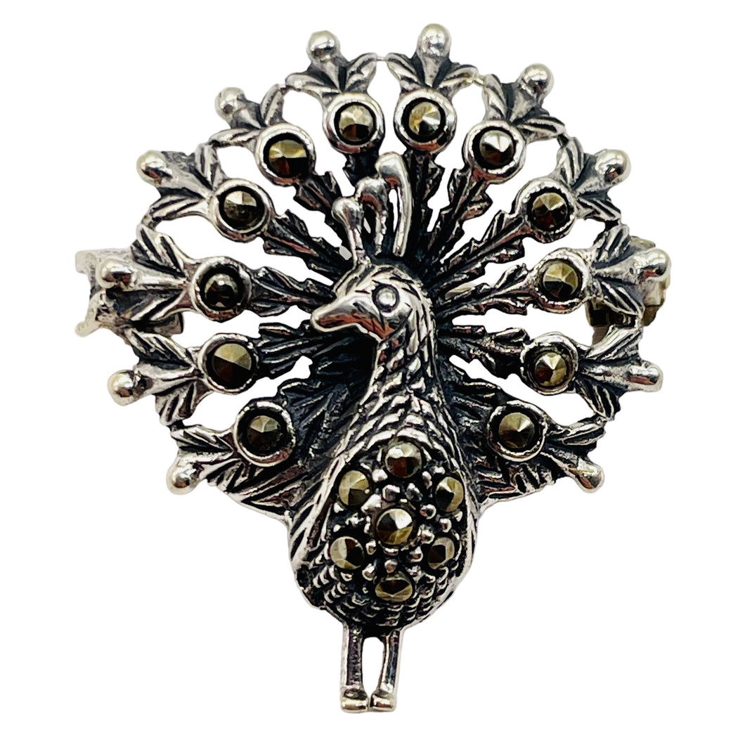 Peacock Marcasite Sterling Silver Sweater Pin| 1
