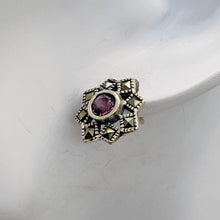 Load image into Gallery viewer, Purple CZ Marcasite Sterling Silver Flower Earrings | 3/8&quot; | Silver | 1 Pair }
