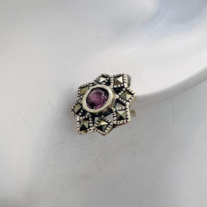 Purple CZ Marcasite Sterling Silver Flower Earrings | 3/8" | Silver | 1 Pair }