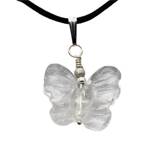 Flutter Carved Quartz Butterfly Sterling Silver Pendant | 1 1/4" Long| Clear |