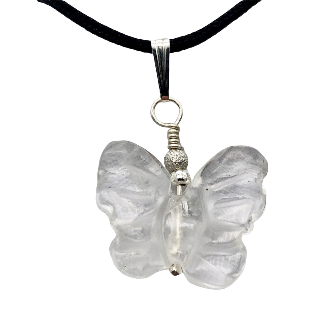 Flutter Carved Quartz Butterfly Sterling Silver Pendant | 1 1/4