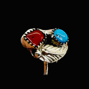 Turquoise Coral Sterling Silver Feather Design Ring | Size 5| Blue Red | 1 Ring|