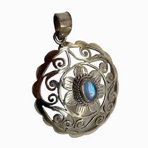 Moonstone Sterling Silver Round Filagree Pendant | 1 1/4" Long| Blue| 1 Pendant|