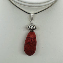 Load image into Gallery viewer, Cinnabar Carved Teardrop Barrel Bead Sterling Silver Pendant | 2 1/4" Long| Red
