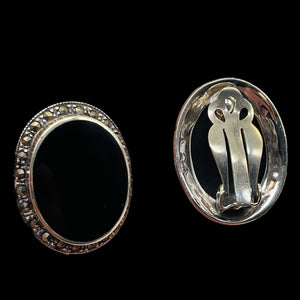 Onyx Marcasite Clip-On Sterling Silver Oval Earrings| 27x21mm | Black | 1 Pair |