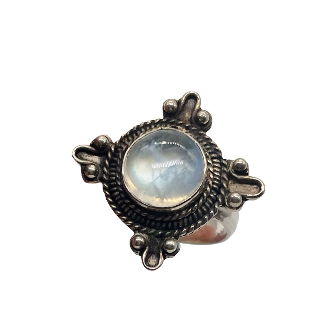 Moonstone Sterling Silver Oval Ring | Size 8 | Blue Orange Fire | 1 Ring |