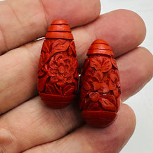 Load image into Gallery viewer, Cinnabar Carved Teardrop Barrel Beads | 34x16x12mm | Red | 2 Beads |
