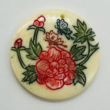 Load image into Gallery viewer, Rose Flower Scrimshaw Round Pendant Bead | 25x3mm | Red, Green, Cream | 1 Bead |
