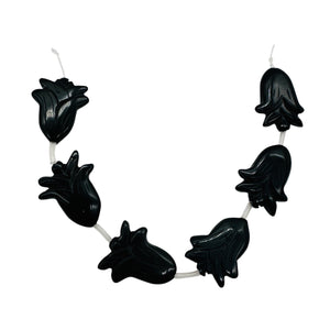 Hand Carved Black Obsidian Flower Bead 8 inch Strand 10192HS