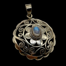 Load image into Gallery viewer, Moonstone Sterling Silver Round Filagree Pendant | 1 1/4&quot; Long| Blue| 1 Pendant|
