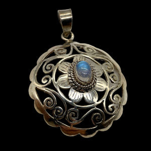 Moonstone Sterling Silver Round Filagree Pendant | 1 1/4" Long| Blue| 1 Pendant|