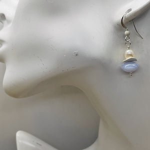 Blue Chalcedony Faceted Pearl Designer Earrings | 1 1/4" Long | Blue, White |