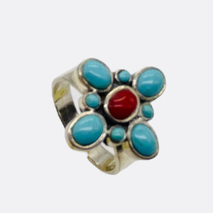 Turquoise Coral Sterling Silver Ring | Size 7.75 | Blue Red | 1 Ring |