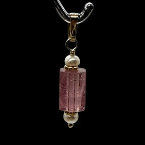 Tourmaline and Pearl 14K Yellow Gold Filled Pendant | Pink | 1" Long |
