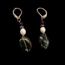 Load image into Gallery viewer, Labradorite Oval Bead Sterling Silver Wire Wrap Earrings with Euro Earwires |
