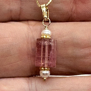 Tourmaline and Pearl 14K Yellow Gold Filled Pendant | Pink | 1" Long |