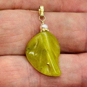 Jade Carved Leaf Sterling Silver Drop Pendant | 1 1/4" Long| Green | 1 Pendant|