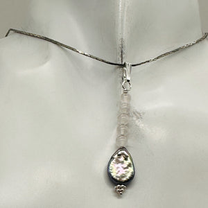 Pearl and Rose Quartz Sterling Silver Drop Pendant | 1 1/2" Long | Rainbow |