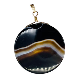 Sardonyx Agate 40mm Coin 14K Gold Filled Bead Pendant | Black | 2" Long |