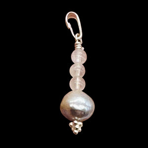 Rose Quartz, Silver Blue Pearl Sterling Silver Pendant| 1 1/4" Long| Pink, Blue|