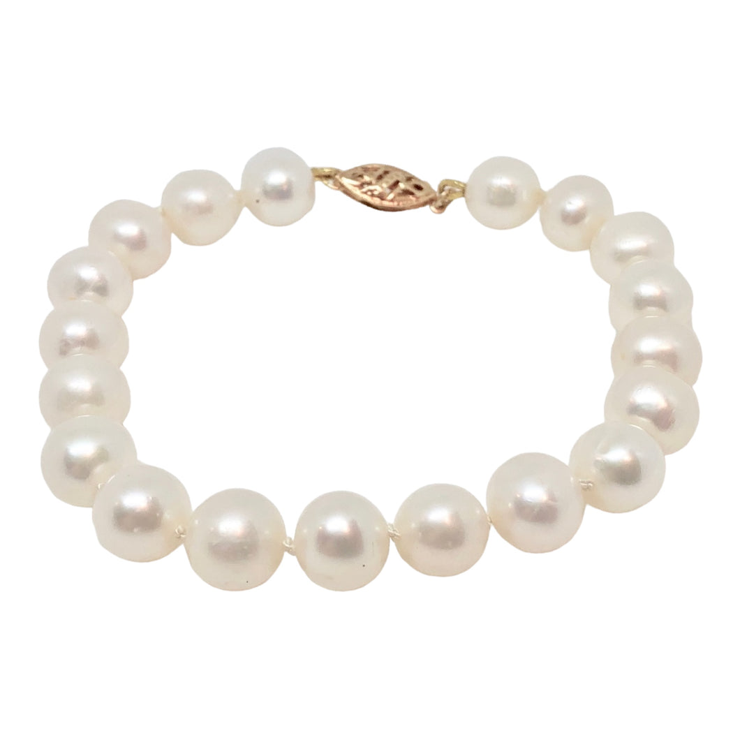 14K Yellow Gold 8.5mm White Near Round Freshwater Pearl Bracelet 402639