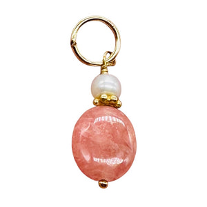 Rhodocrosite Freshwater Pearl 14K Gold Filled Pendant| 1" Long| Pink White |