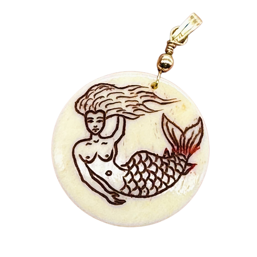 Lovely Scrimshawed Swimming Mermaid 14kgf Pendant | Red, Cream | 1 1/2