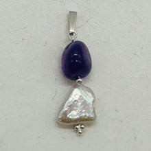 Load image into Gallery viewer, Pearl Triangle and Amethyst Sterling Silver Pendant | 1 1/4&quot; Long | White, Red |
