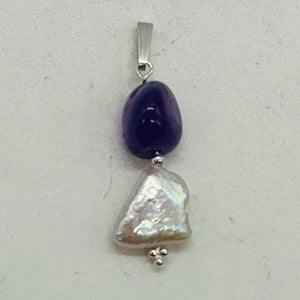 Pearl Triangle and Amethyst Sterling Silver Pendant | 1 1/4" Long | White, Red |