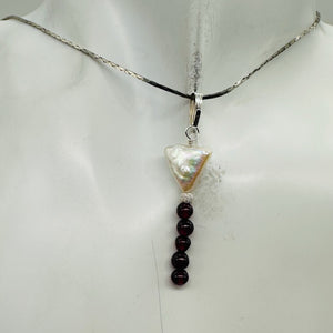 Pearl Triangle and Garnet Sterling Silver Drop Pendant| 1 3/4" Long| White, Red|