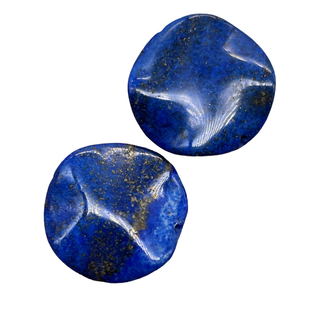 Rare Natural, Untreated Lapis Lazuli Carved Wavy Disc Beads | 24x4.5mm| 2 Beads|