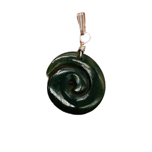 Jade New Zealand Maori Koru Sterling Silver Pendant | Green | 1" Long |
