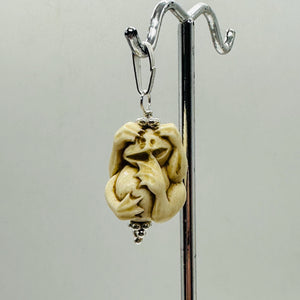 Hear No, See No, Speak No Evil Monkey Mammoth Bone Sterling Silver Pendant