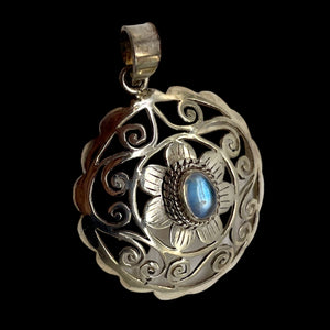 Moonstone Sterling Silver Round Filagree Pendant | 1 1/4" Long| Blue| 1 Pendant|