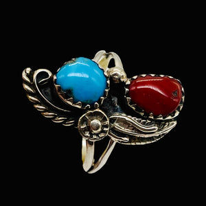 Turquoise Coral Sterling Silver Feather Design Ring | 6 | Blue Red | 1 Rung |