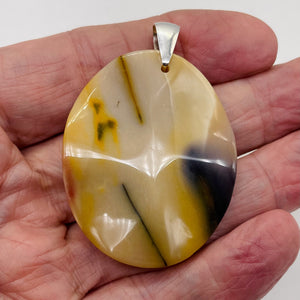 Mustard Mookaite Oval Sterling Silver Pendant | 50mm | Beige Brown |