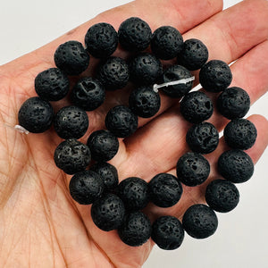 Lava Natural Round Bead Strand | 15.5" Long | Black | 32 Beads |