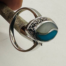 Load image into Gallery viewer, Turquoise Mother of Pearl Marcasite Sterling Silver Ring | Blue, White, Silver |

