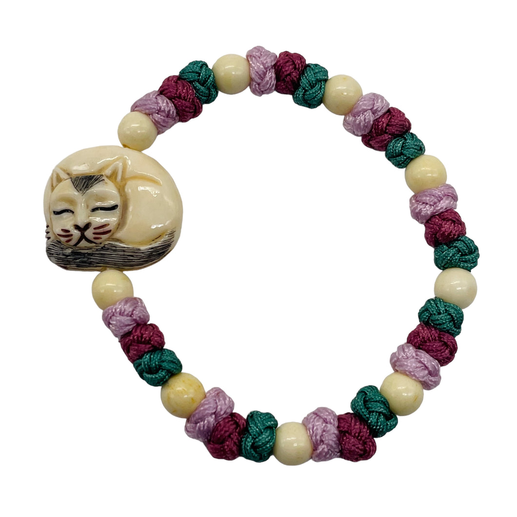 Bone and Silk Braided Kitty 6mm Beads | 6 to 7 Inch Bracelet | White, Lavender |