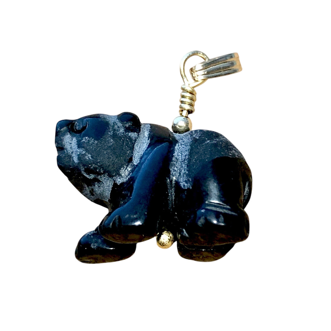 Adorable! Carved Onyx Panda Bear 14Kgf Pendant | 19x14x10mm (Panda) 4mm (Bail Opening) | Black