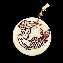 Load image into Gallery viewer, Lovely Scrimshawed Swimming Mermaid 14kgf Pendant | Red, Cream | 1 1/2&quot; Long |
