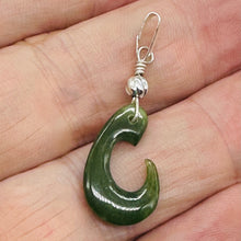 Load image into Gallery viewer, Jade Maori Hai Matau Fishhook Sterling Silver Pendant | Green | 1 1/4&quot; Long |

