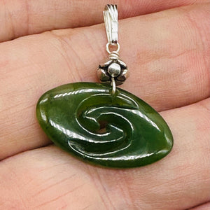 Jade New Zealand Maori Koru Sterling Silver Pendant | Green | 1" Long |